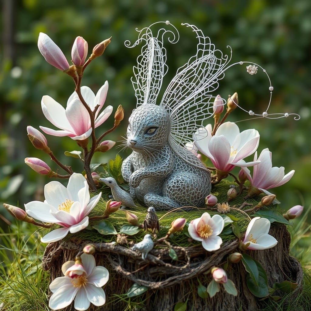 Eco-Art Sculpture with Laughing Bunny and Magnolia