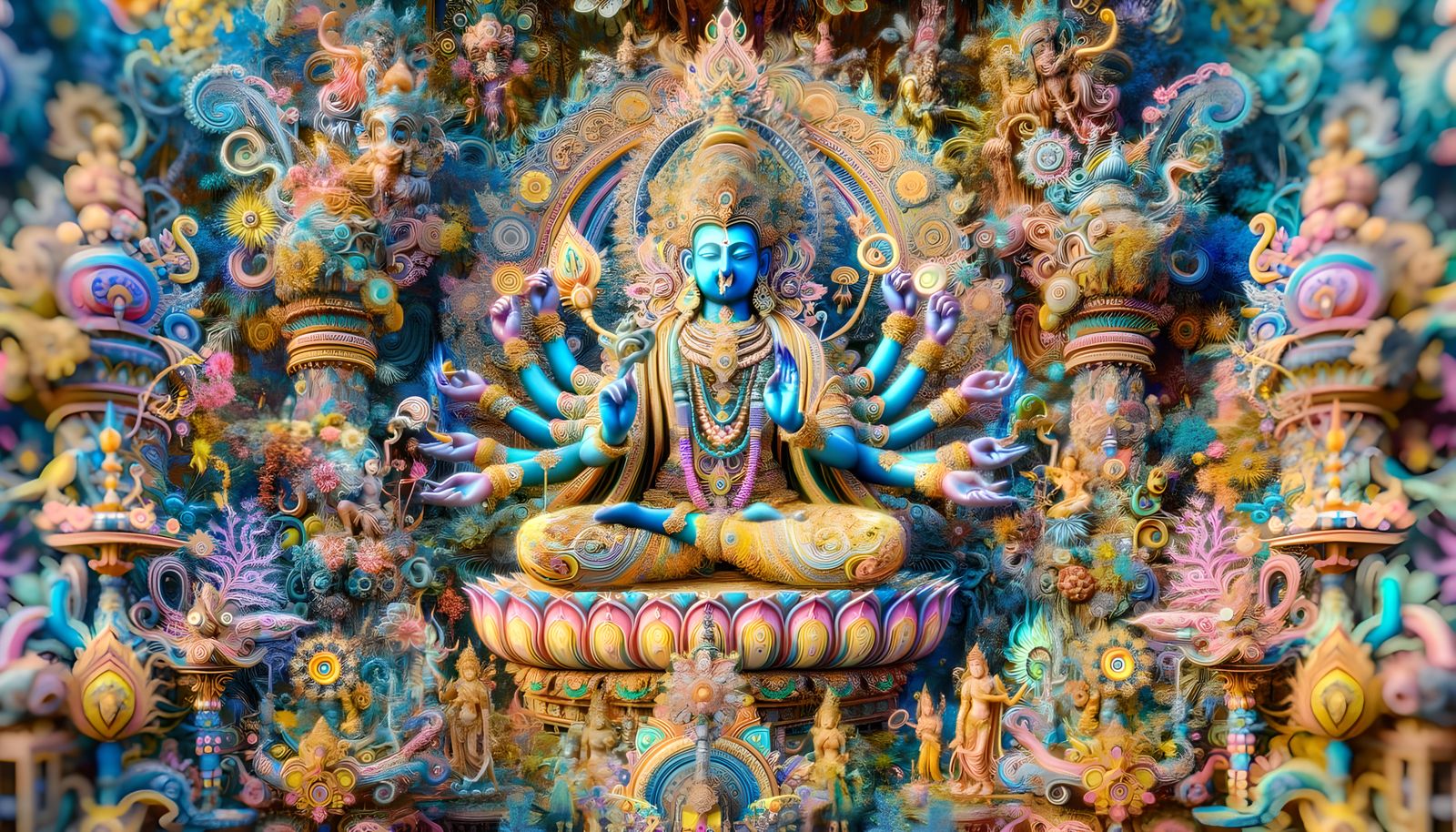 Psychedelic Kali Statue in a Maximalist Garden