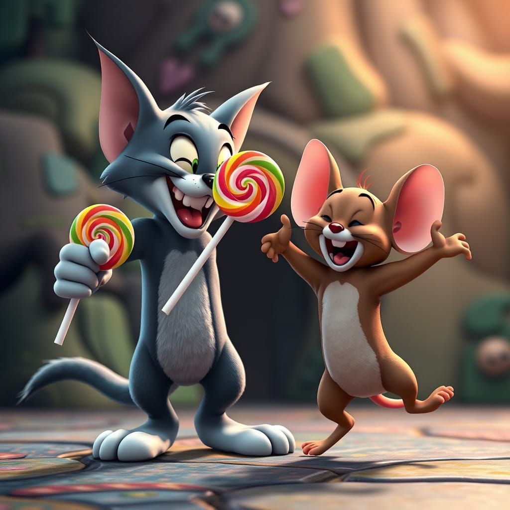 Mischievous Tom Cat Surprises Jerry Mouse with Colorful Loll...