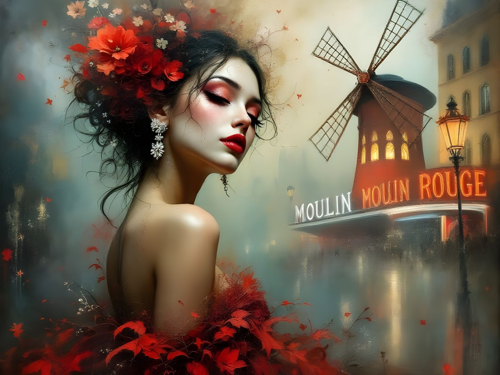 Elegant Woman in Front of the Moulin Rouge in a Surreal Abst...