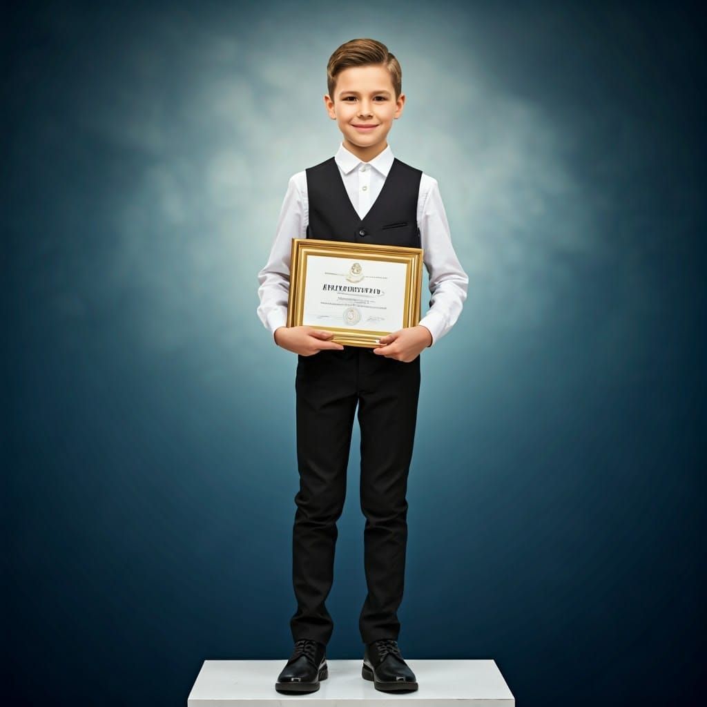 Boy Holding Certificate in Classic Portrait Style