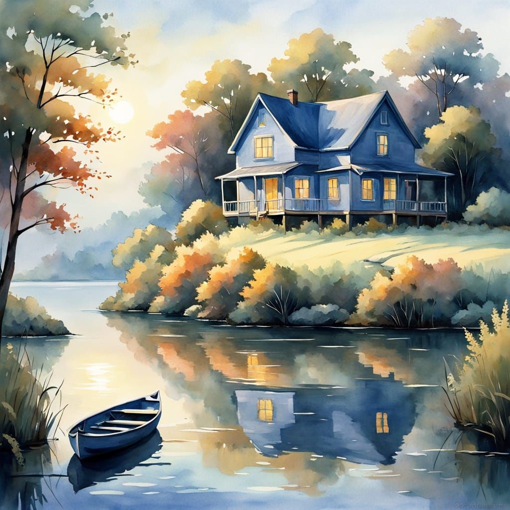 Peaceful Nocturnal Island Scene with Illuminated House