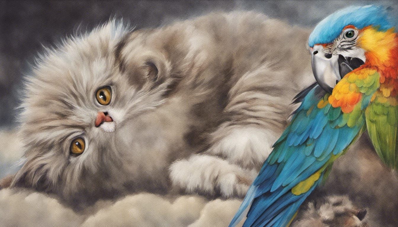 Realistic Friendship: Multicolored Parrot and Cat
