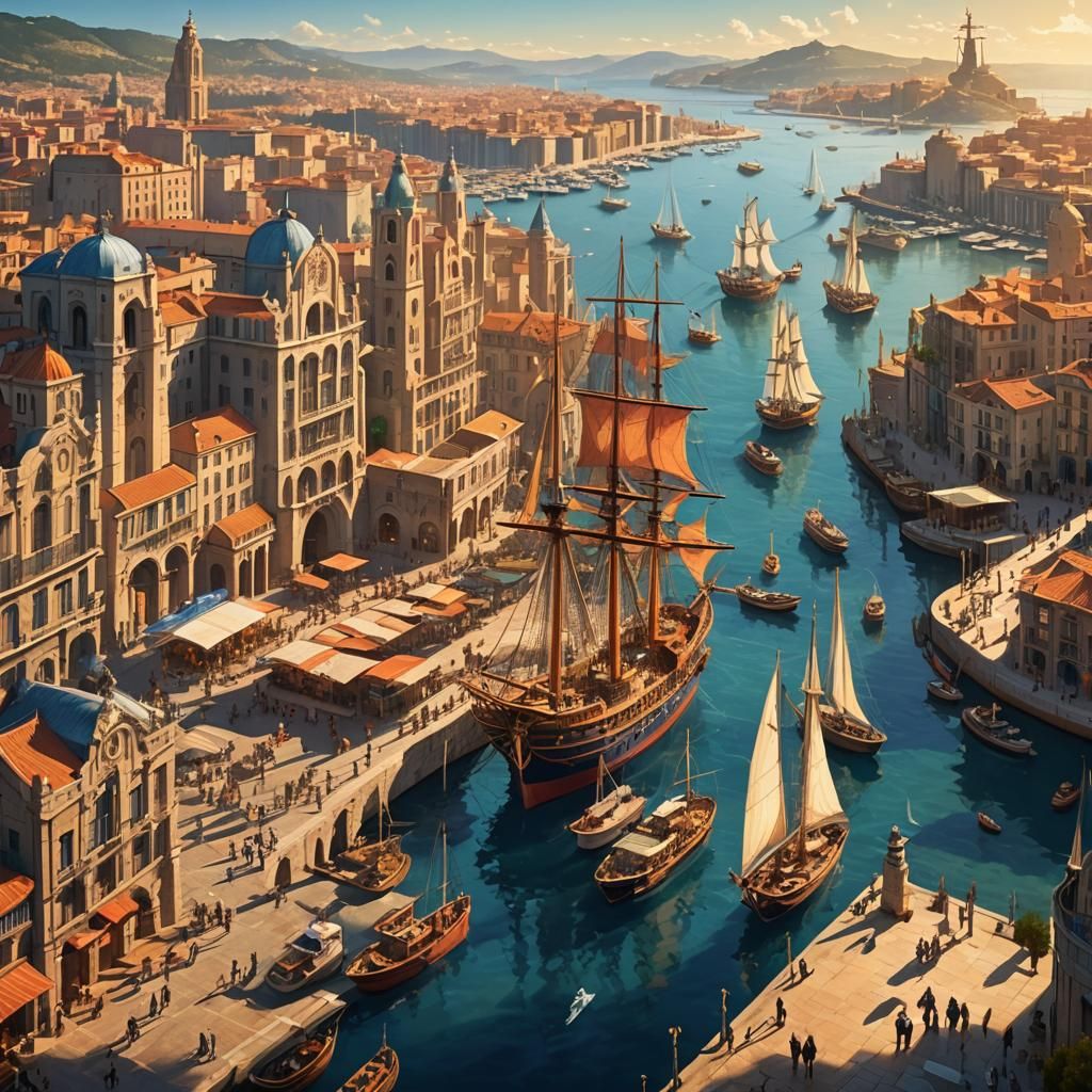 Barcelona Harbor: Vibrant Fantasy Architecture in Golden Lig...