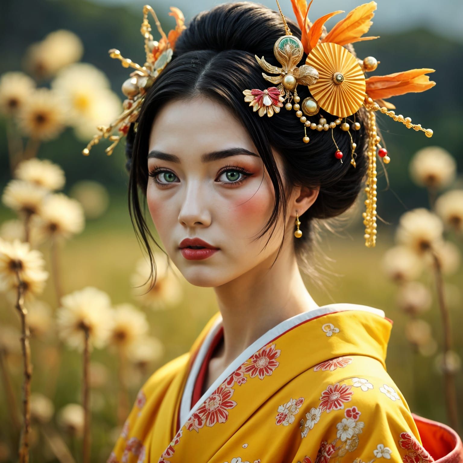 Whimsical Geisha in Yellow Kimono