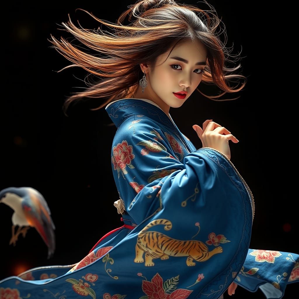 Korean Style Woman Dancing with Tiger Magpie Kimono