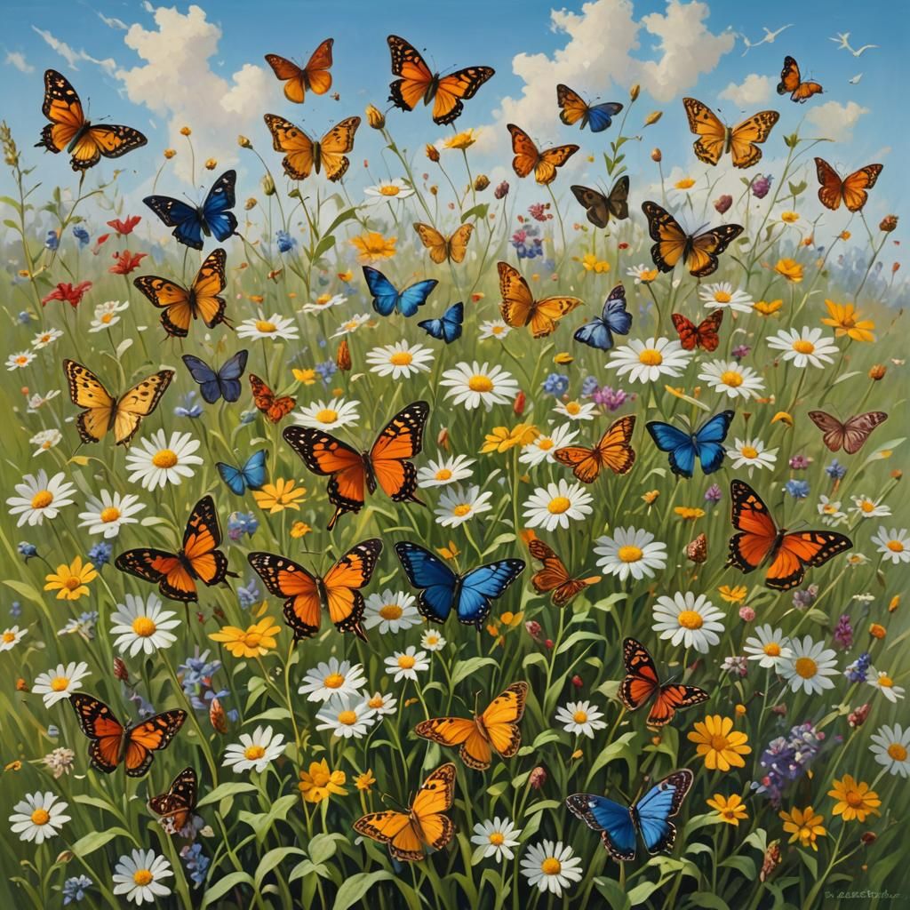 Butterfly Swarm Over Wildflower Meadow, Digital Painting