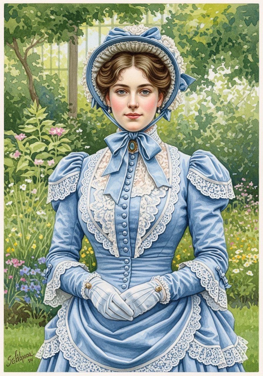 Victorian Woman in Botanical Garden, Watercolor