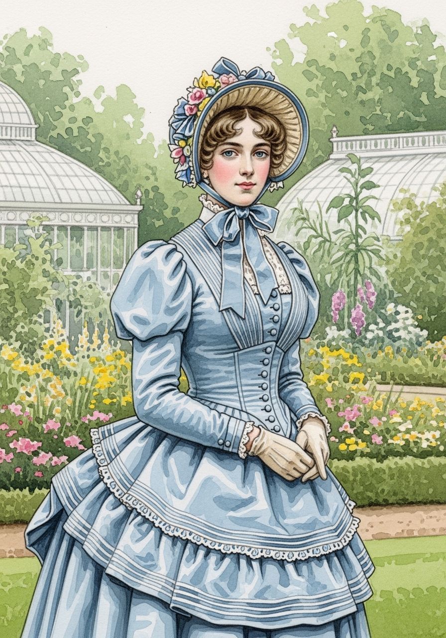 Victorian Woman in Botanic Garden: Watercolor Painting
