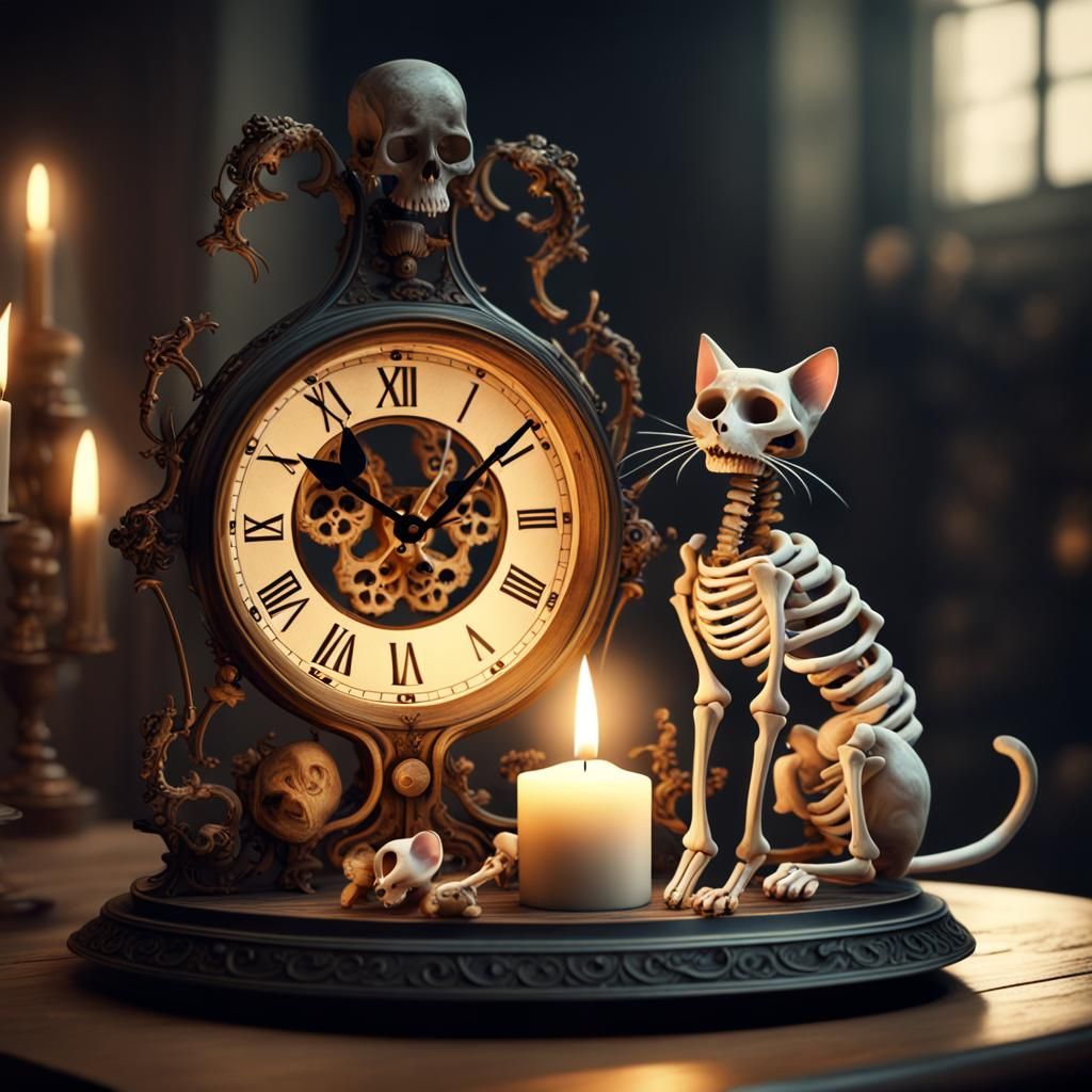 Cat and Mouse Skeletons on Candle Clock