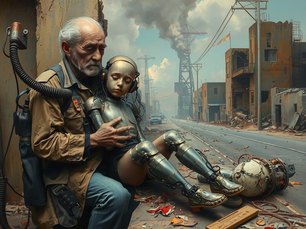Cyberpunk Engineer Repairs a Weary Bionic Girl