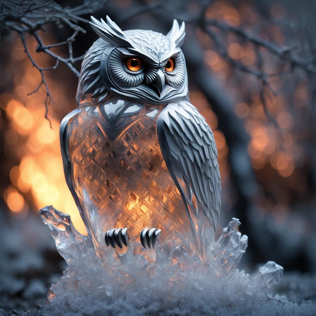 Icy Owl Sculpture in Burning Landscape