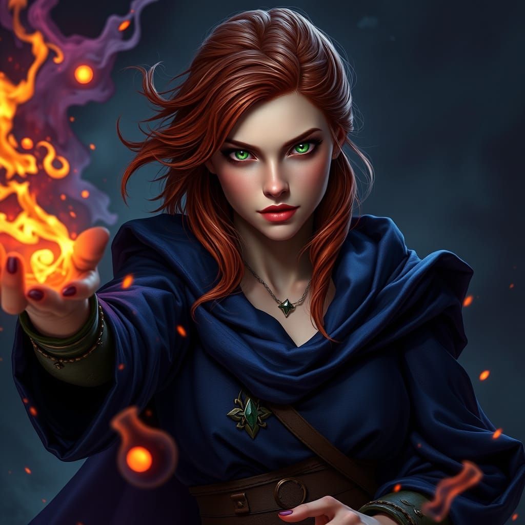 Redhead Mage Casting Fireballs in Dark Fantasy Style