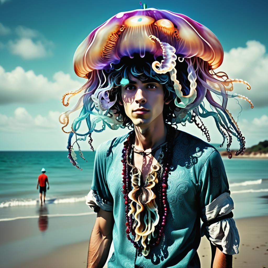 Man with Jellyfish Hat on Beach: 3D Rendering