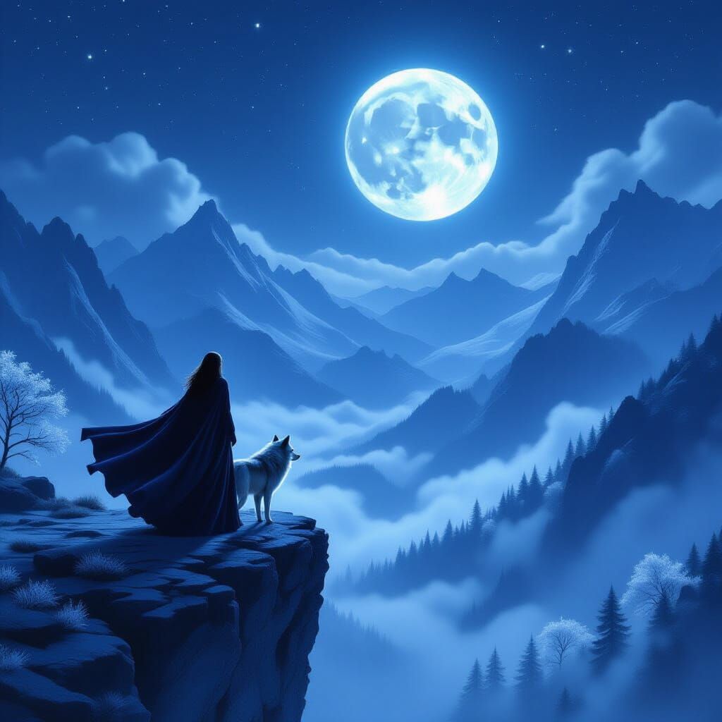 Girl and Wolf on Moonlit Mountain Vista
