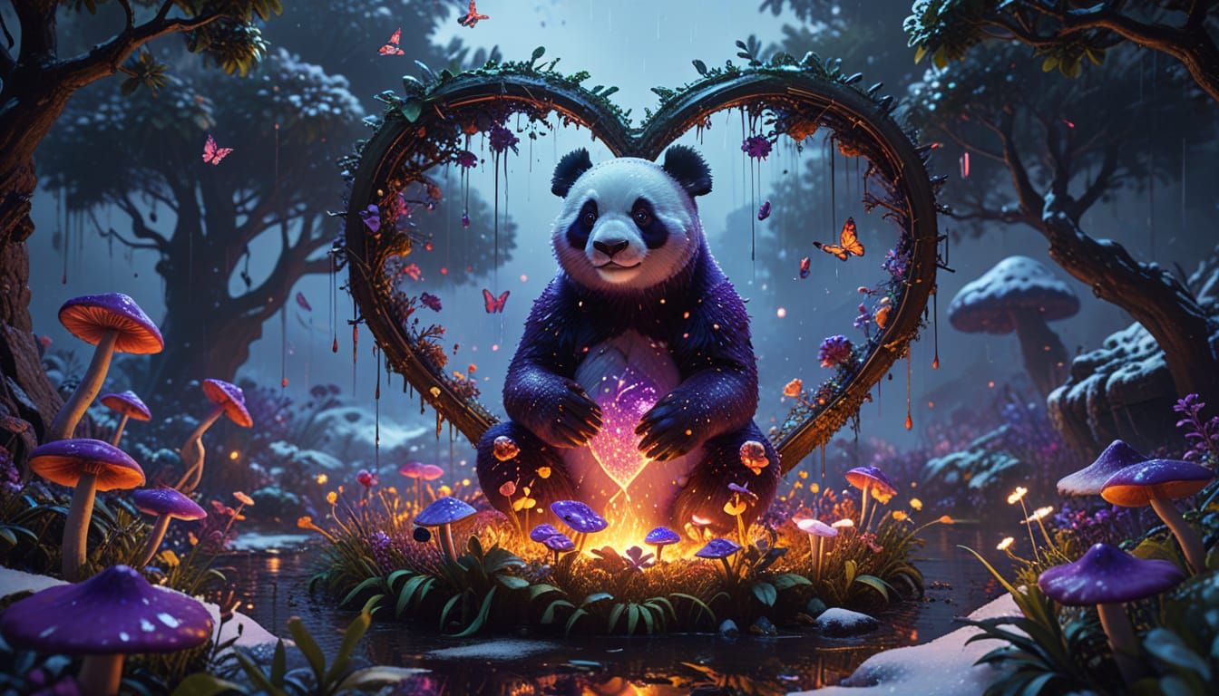 Surreal Fantasy Scene of Purple Panda in Vibrant Oil Paintin...