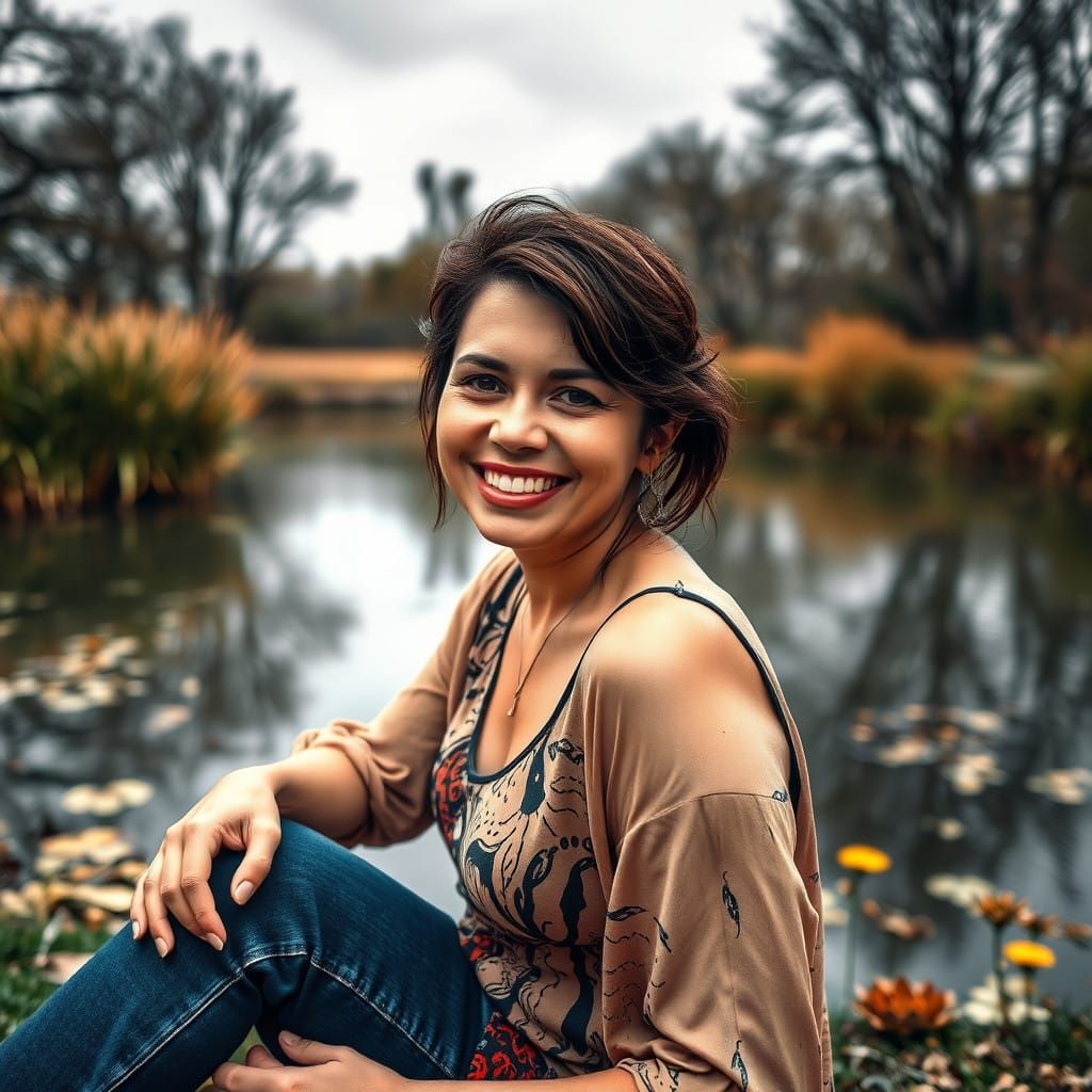 Woman in Joyful Pondside Moment in Ink Splatter Style
