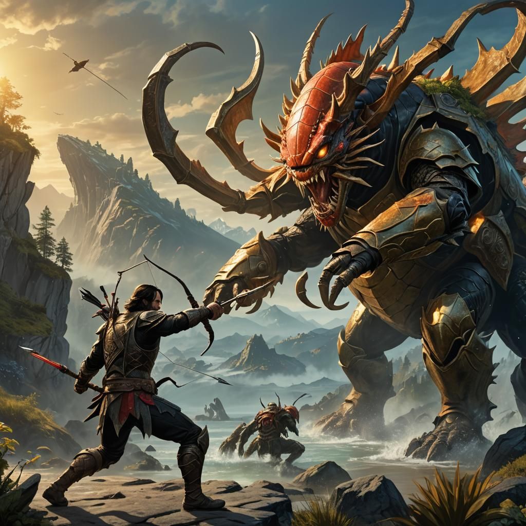 Heroic Battle Against Giant Crab in Fantasy Landscape