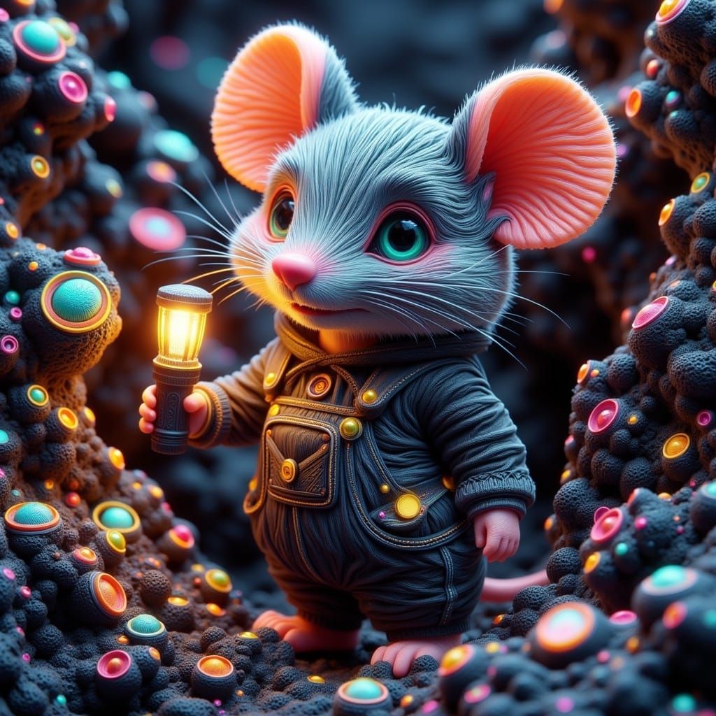 Whimsical Chibi Mouse Hybrid with Stitched Leather Skin and ...