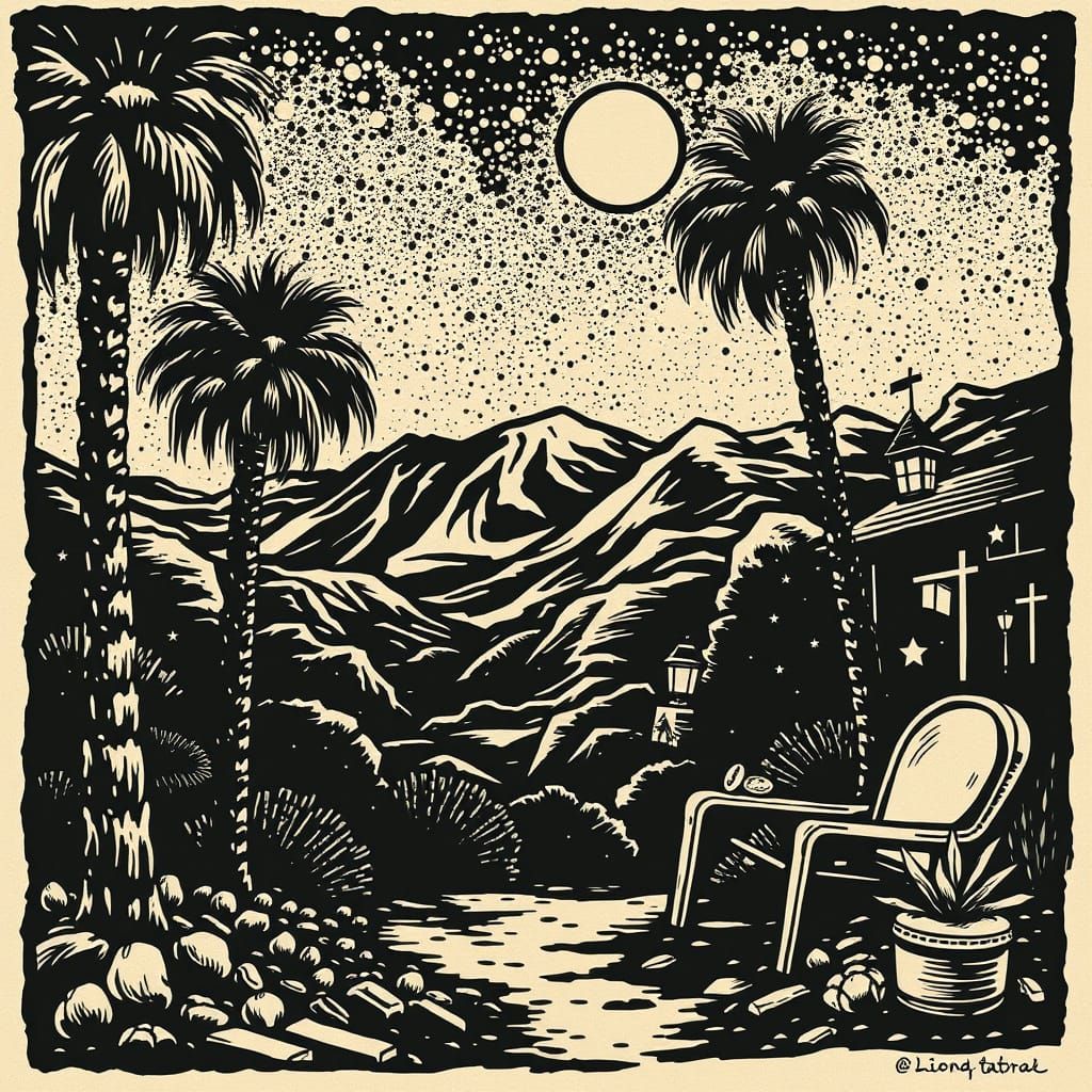 Vintage Hollywood Scene in Linocut Style