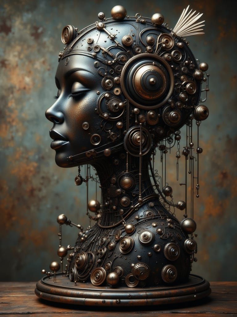 Surreal Steampunk Sculpture of a Metal Head