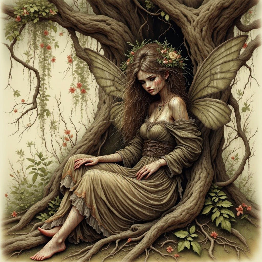 Fairy Shelters from Storm as Antique Watercolor