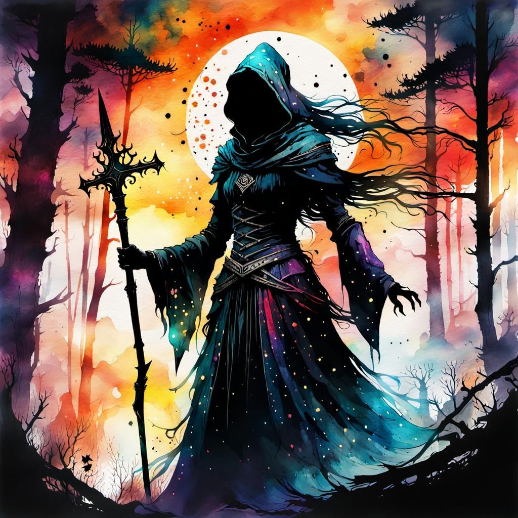 Scary Witch Silhouette in Dark Forest