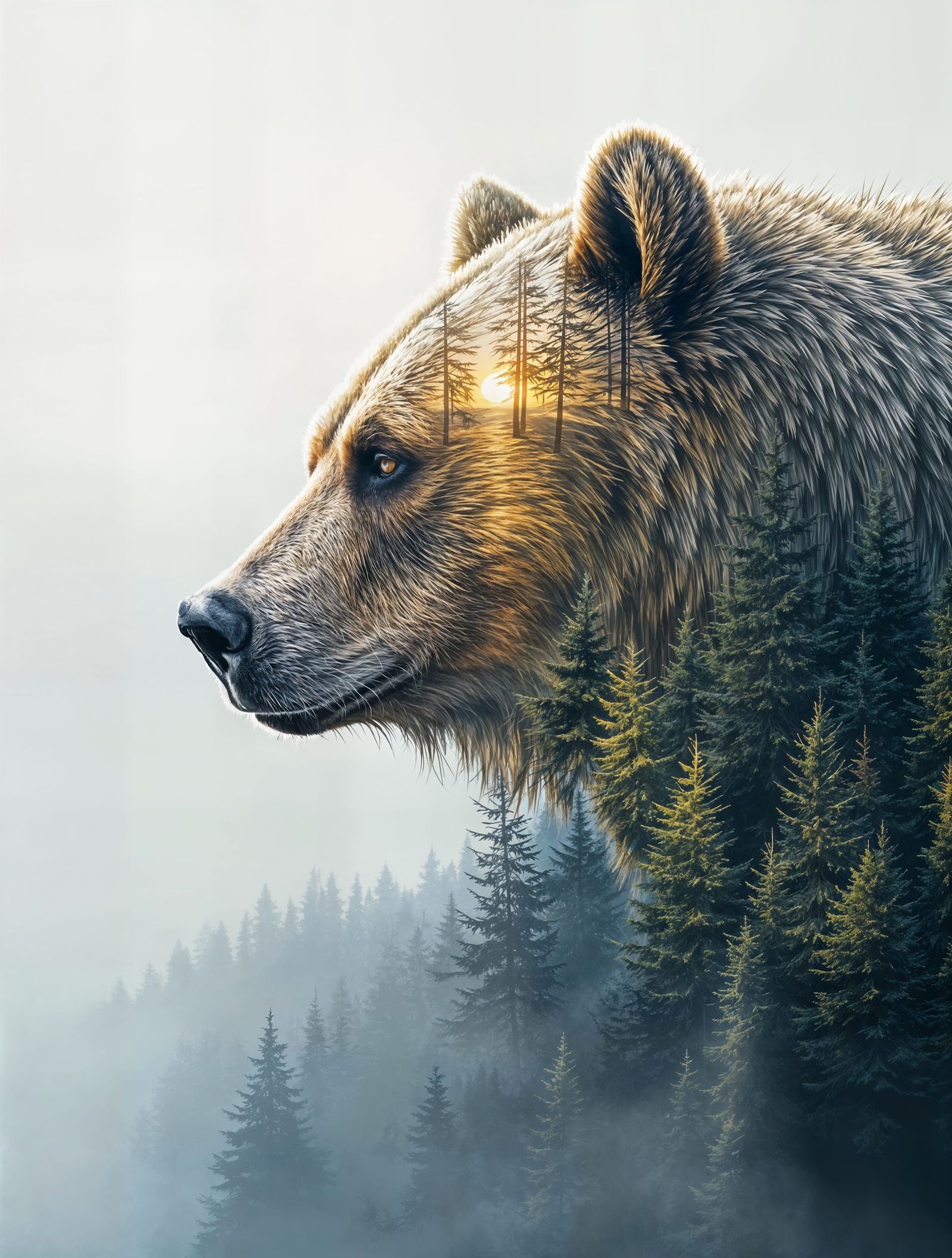 Misty Forest Bear in Double Exposure
