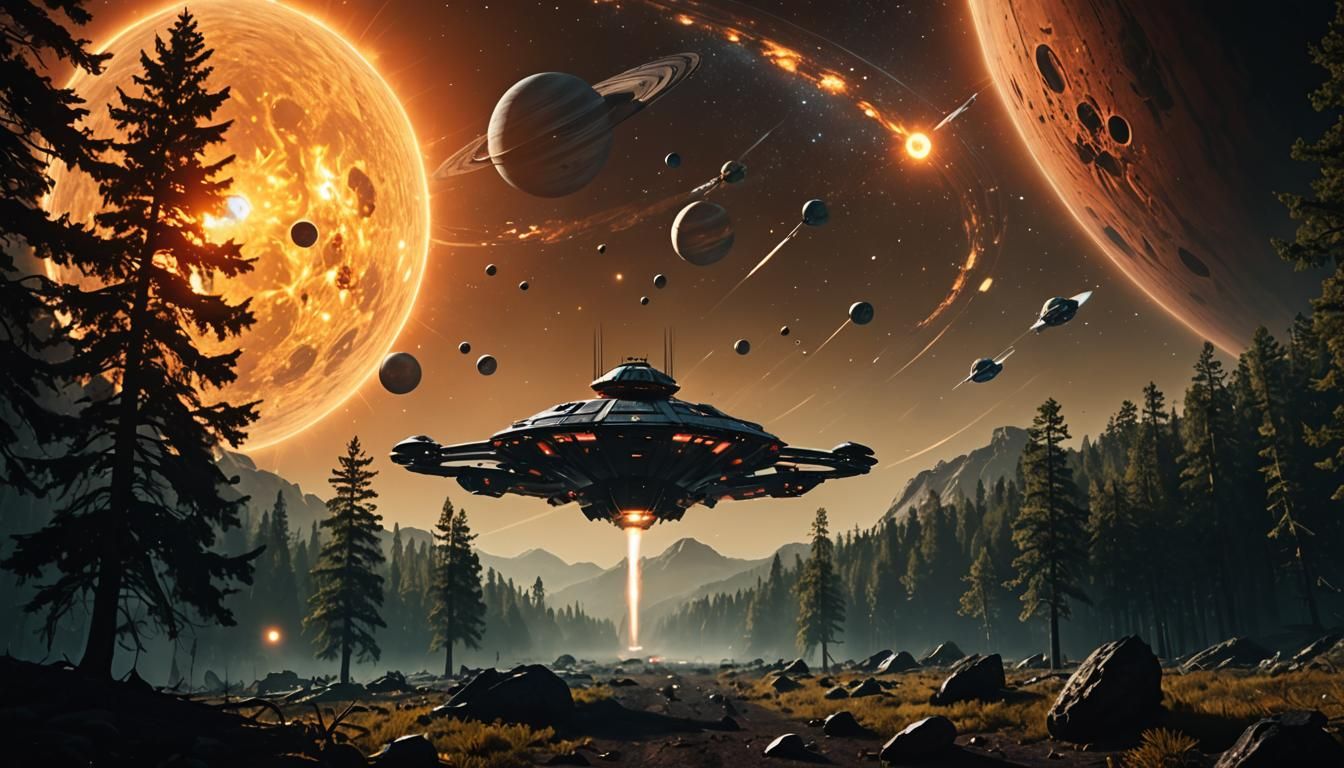 Cinematic Solar System with Combat Ship