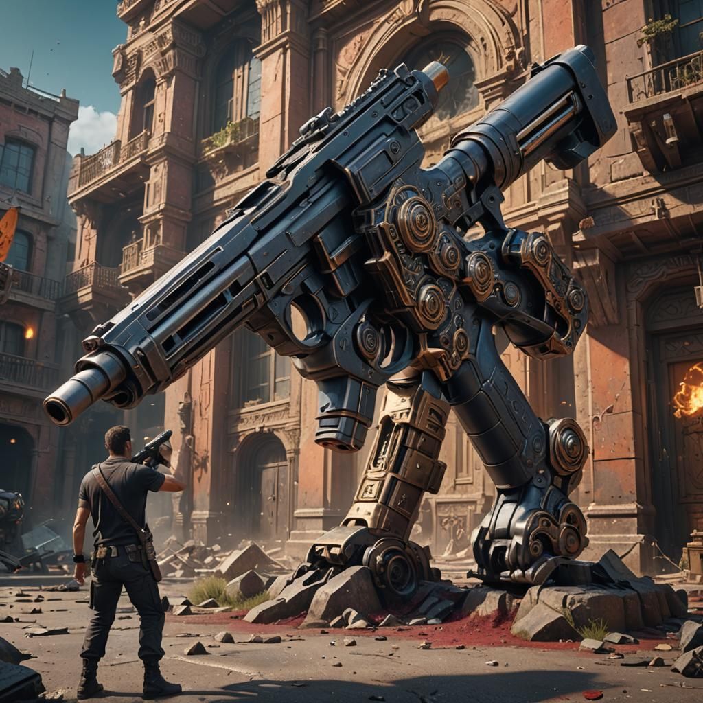 Person Holding Oversized Gun: Detailed Matte Painting