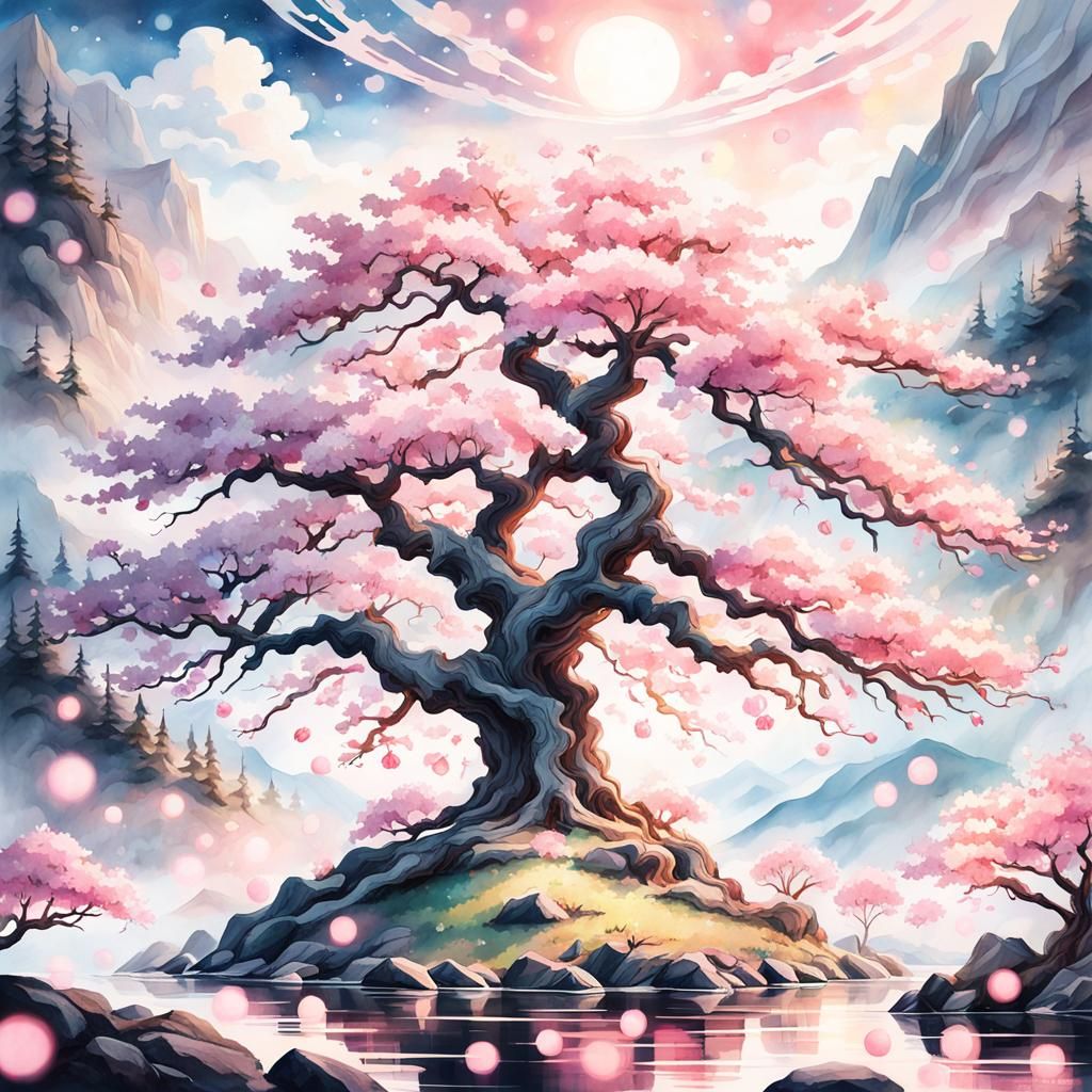 Surreal Cherry Blossom Tree in Japanese Watercolor Style