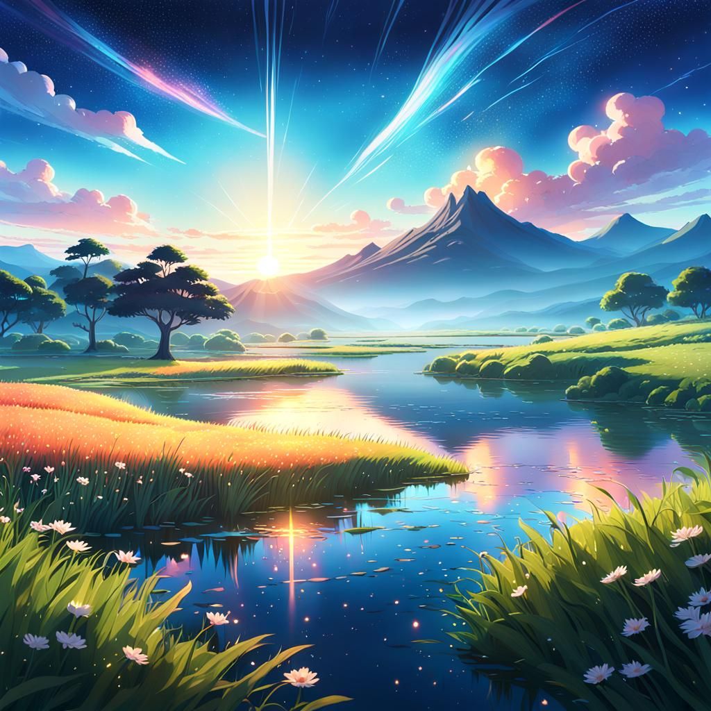 Serene Landscape with Sunrise in Anime-Inspired 3D Art