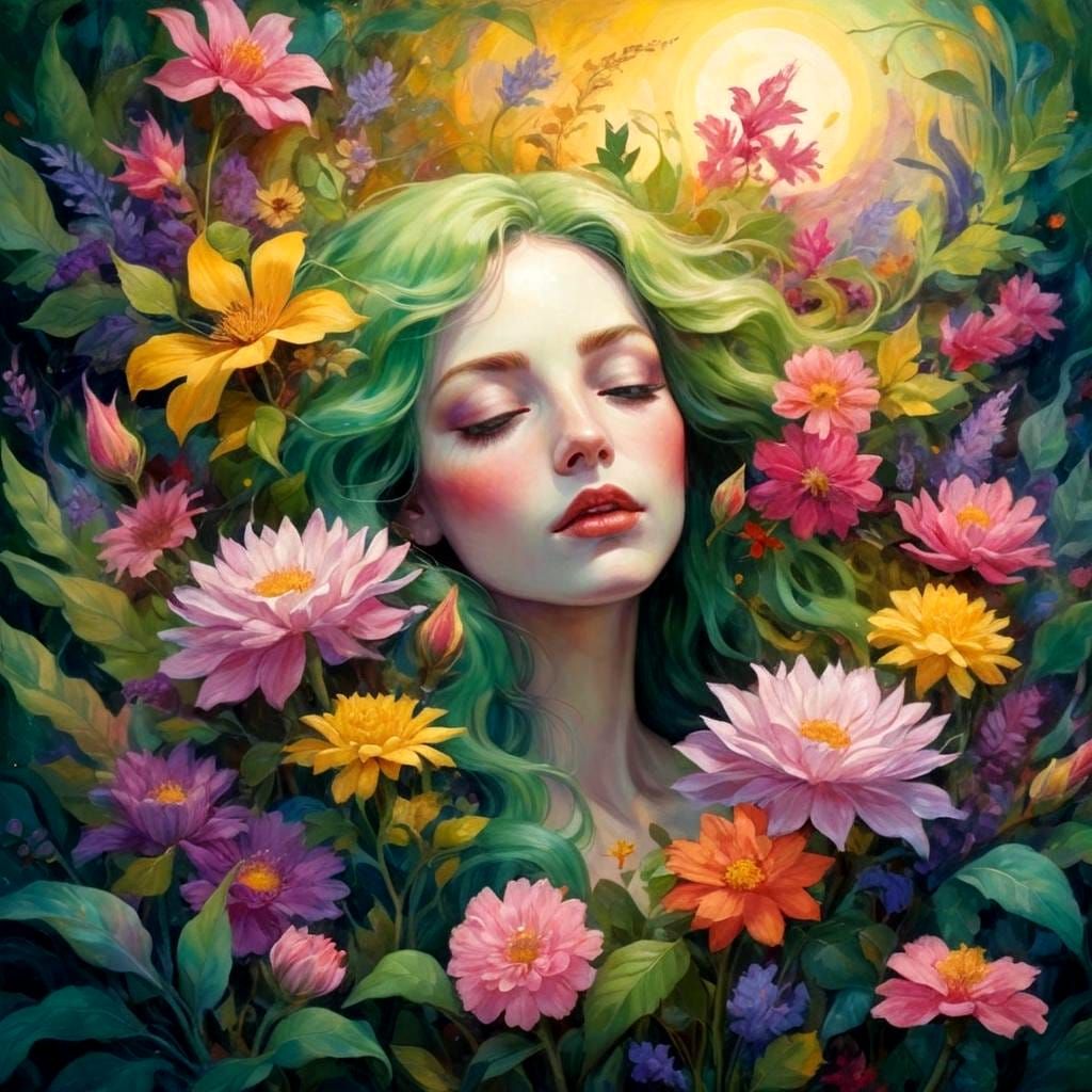 Woman with Green Hair in Flower Garden