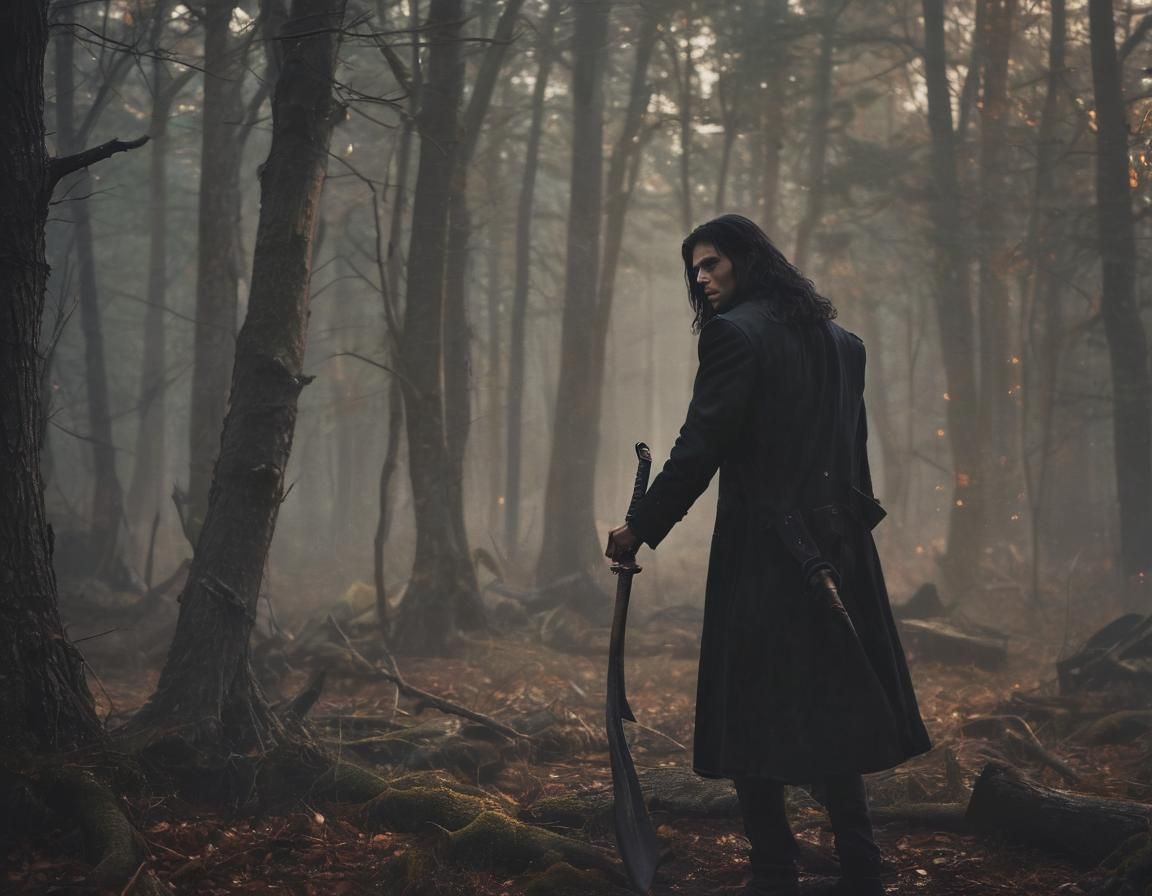 Hunter with Axe in Atmospheric Forest, Cinematic Style