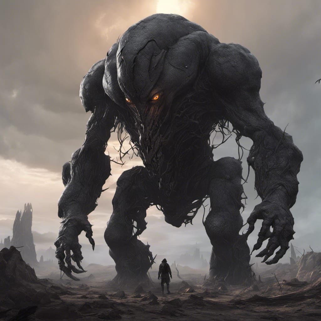 Obsidian Golem in Post-Apocalyptic Landscape