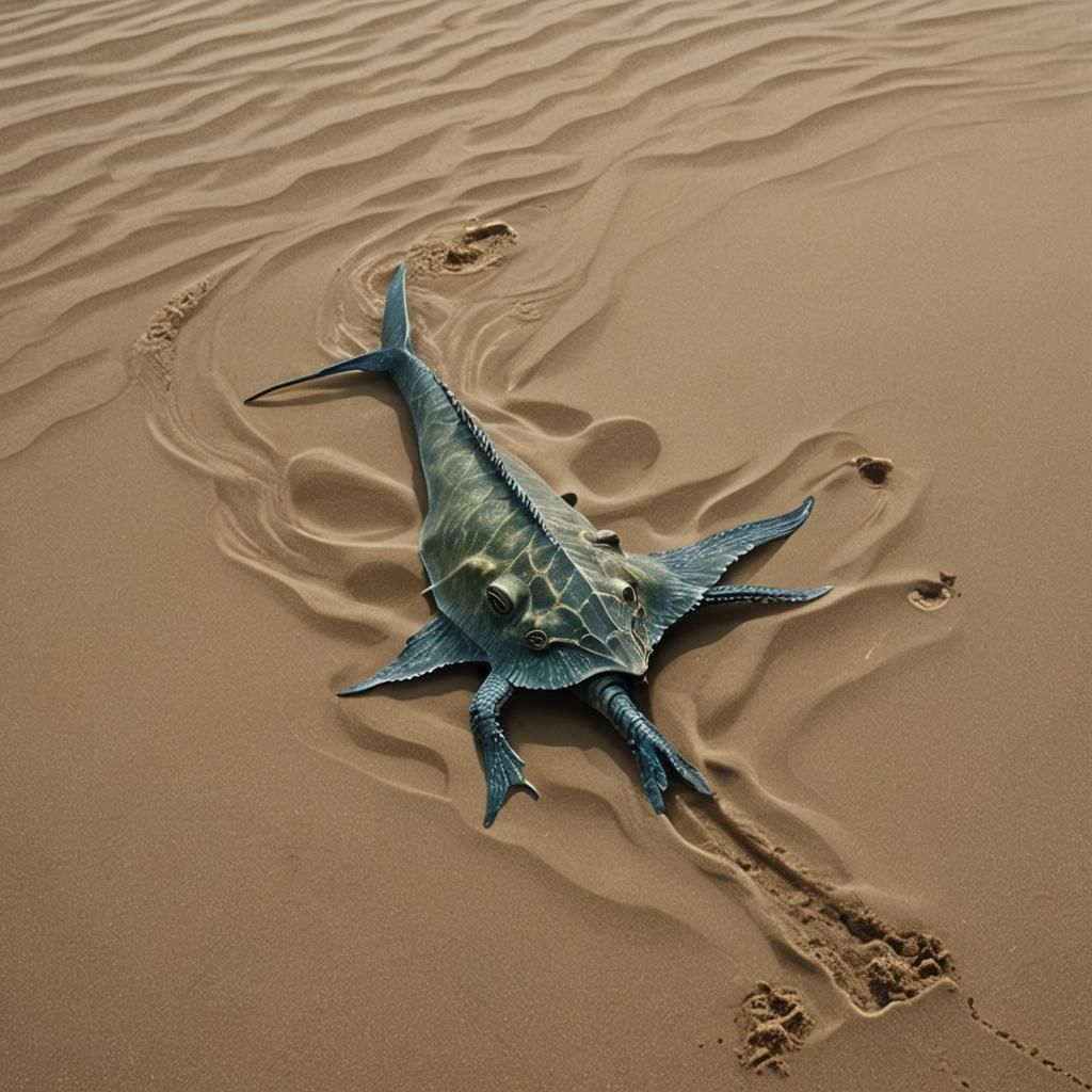 Fictional Creature Walking Underwater on Sand
