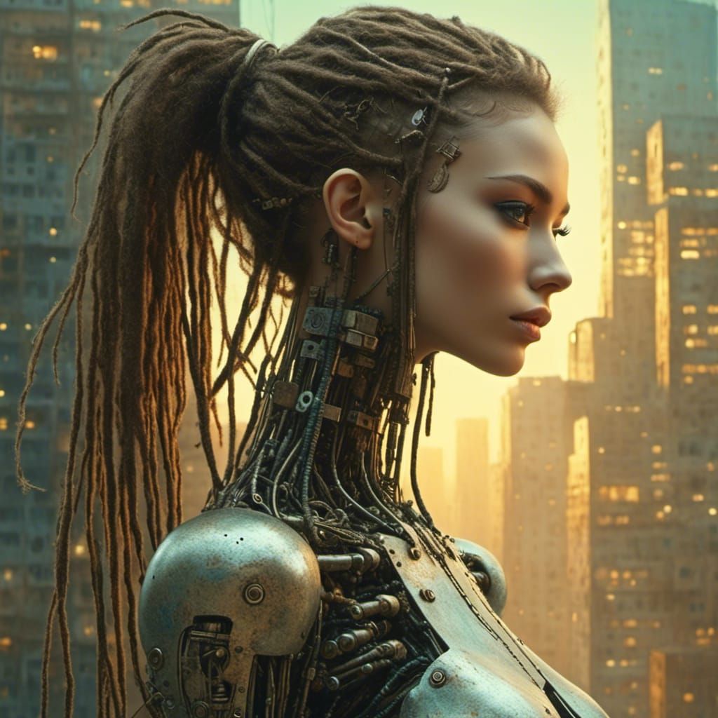 Android with Dreadlocks in Cyberpunk Cityscape