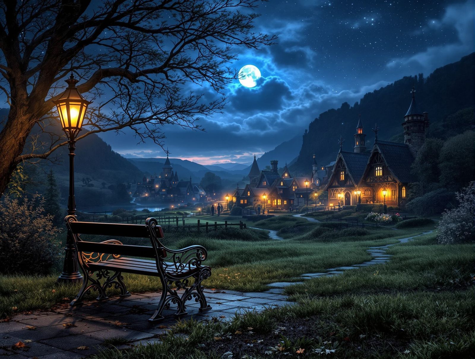 Empty Ornate Bench Under Starry Night Sky