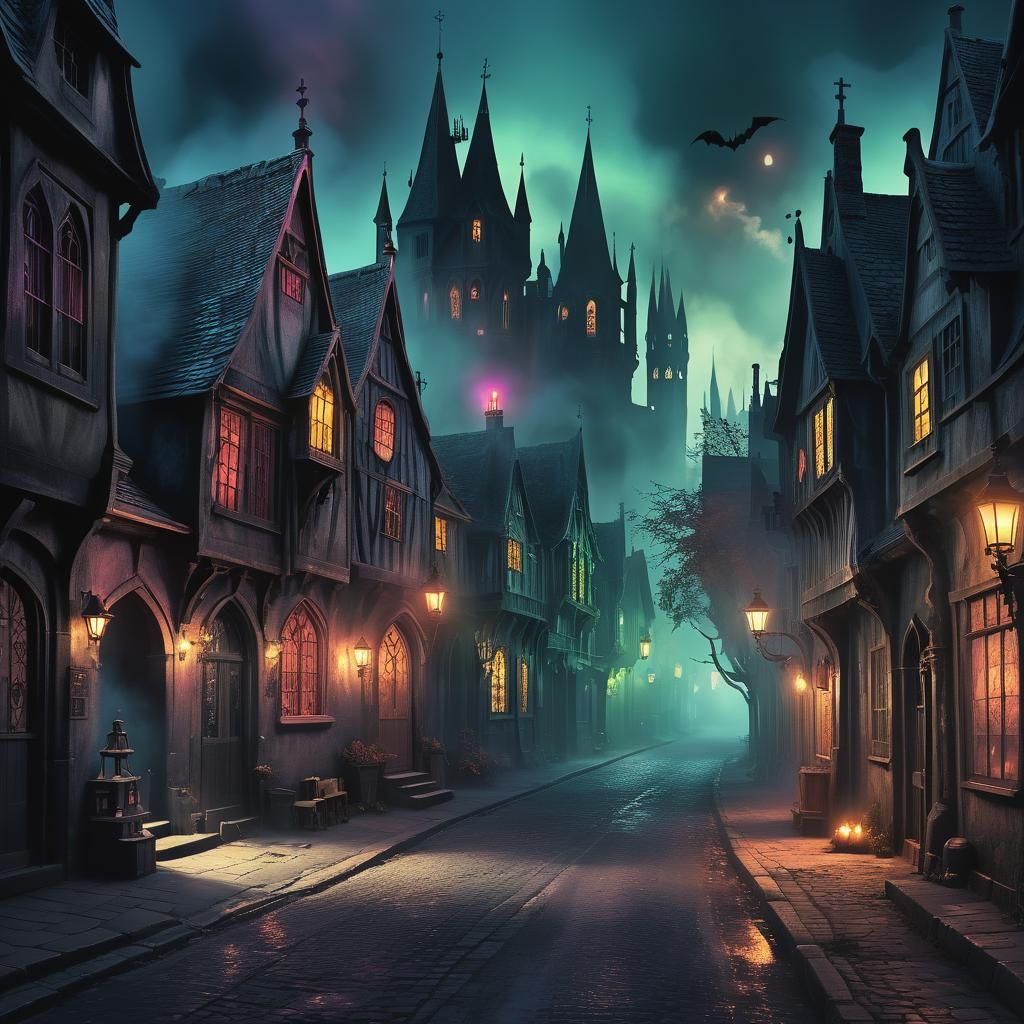 Haunted Gothic Street Scene with Ghosts and Ghouls