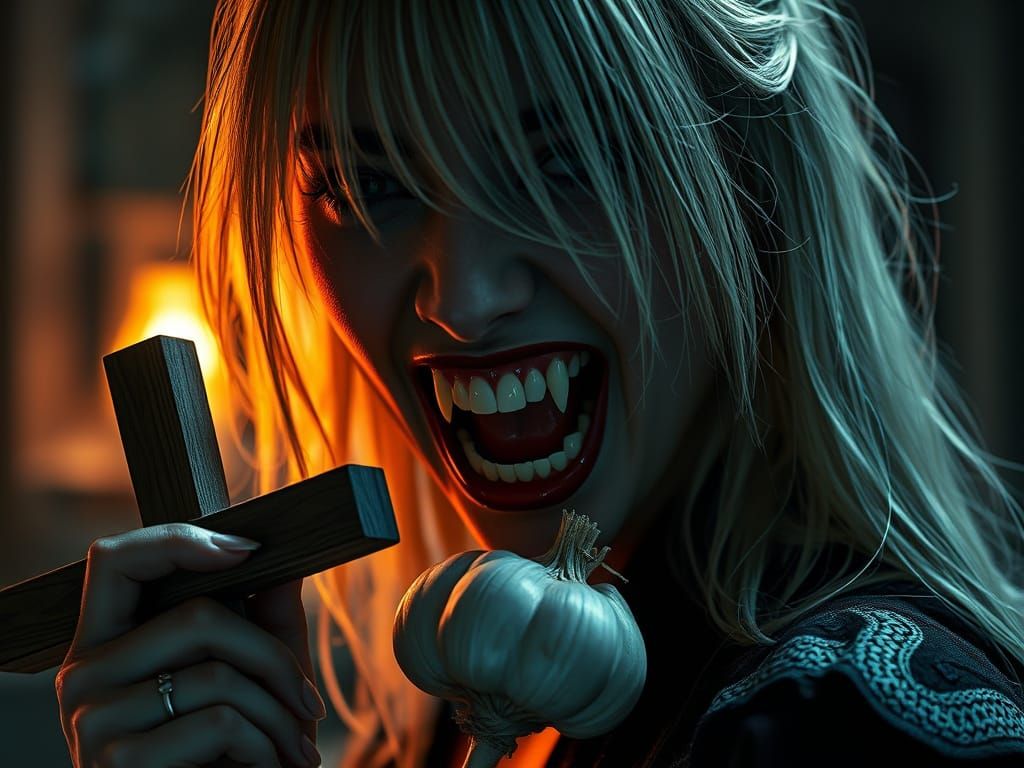 Japanese Vampire With Cross and Garlic