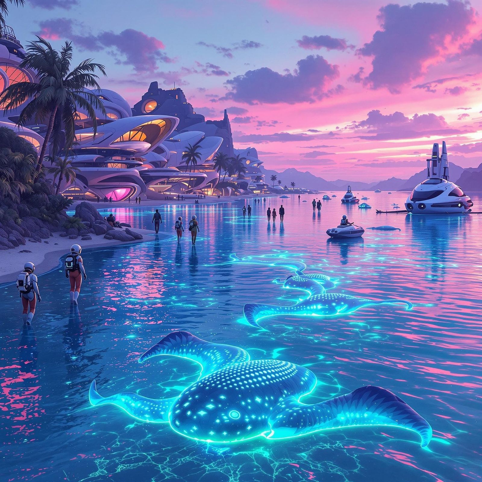 Surreal Futuristic Beach at Dusk with Vibrant Alien Life
