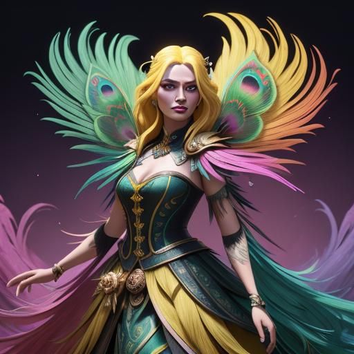 Colorful Dragon Peacock Woman: 3D Digital Art