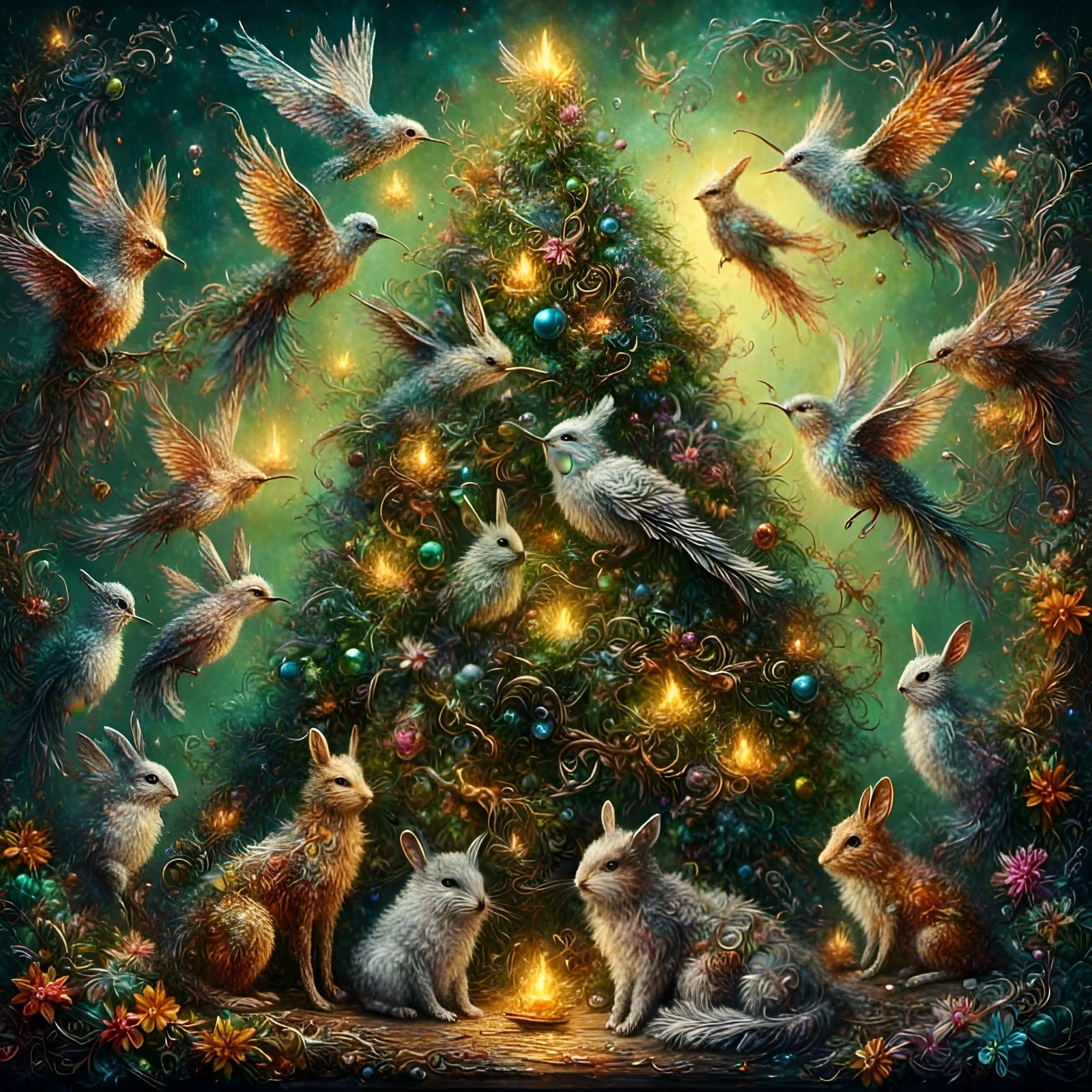 Festive Animals Decorating Christmas Tree with Ribbons