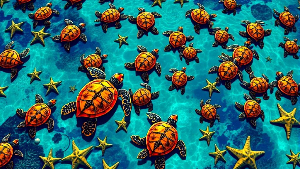 Abstract. Numerous turtles painted in the style of Picasso. Turquoise water. Sea stars. Cubism. Deep colors.