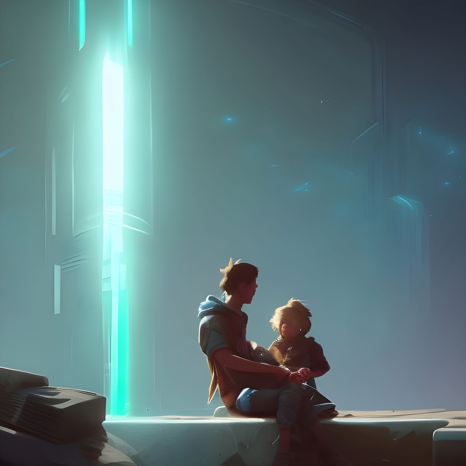 Children Gazing at Luminous Column, Digital Art