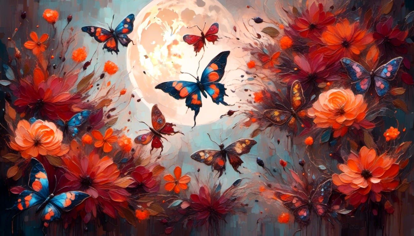 Moths Feast on Giant Blooms in Oil Painting Style