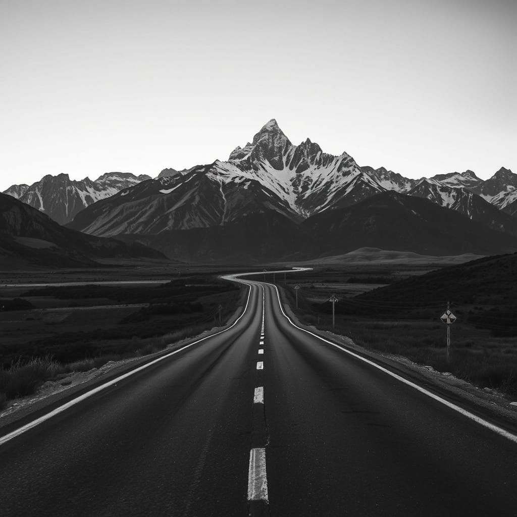 Hyperrealistic Winding Road and Mountain in Black and White