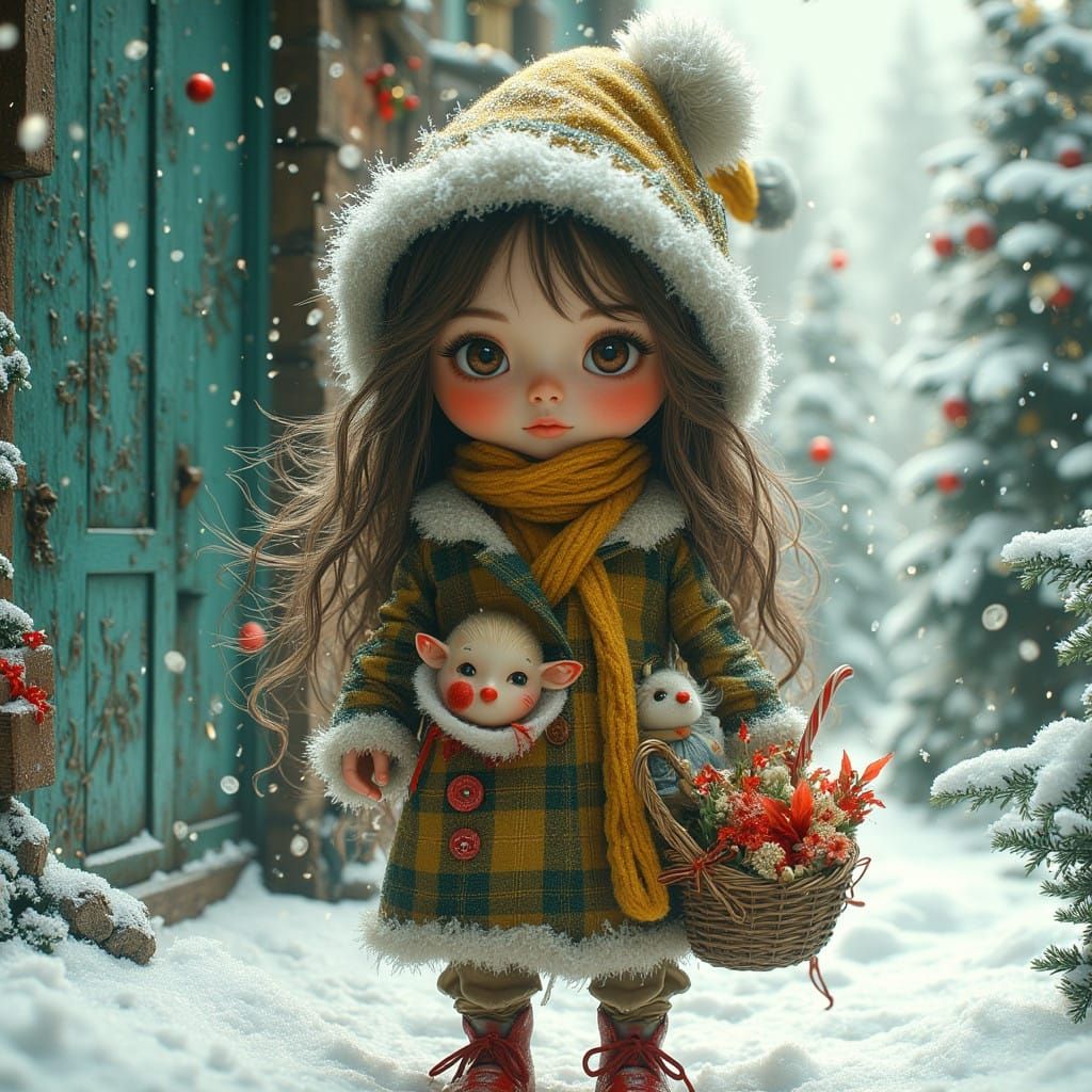Whimsical Winter Wonderland with a Little Girl in Plaid Coat...