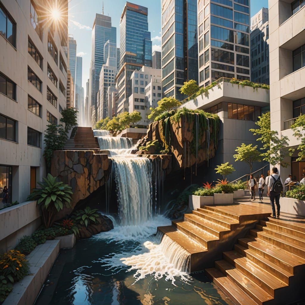 Urban Waterfall Concept Art in Oil Painting Style