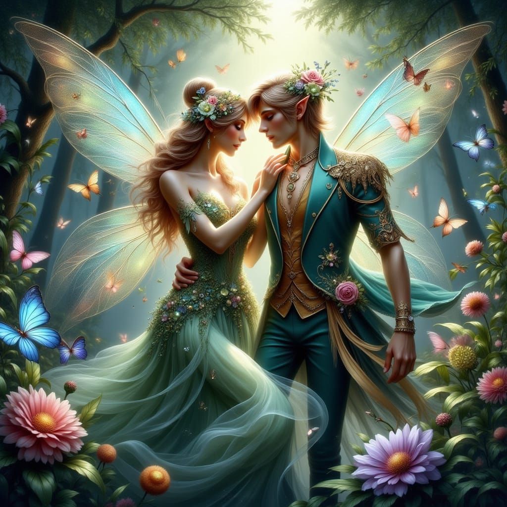 Enchanting Fairy Couple in Lush Landscape